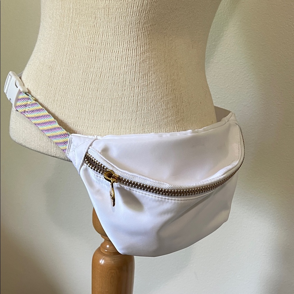 Stoney Clover Lane White Belt Bag Rainbow Strap NWOT